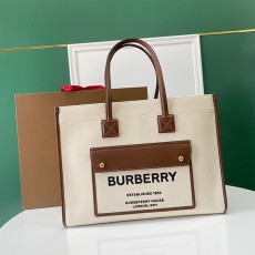 버버리 BURBERRY 미디엄 투톤 캔버스 레더 프레야 토트백 BB0794